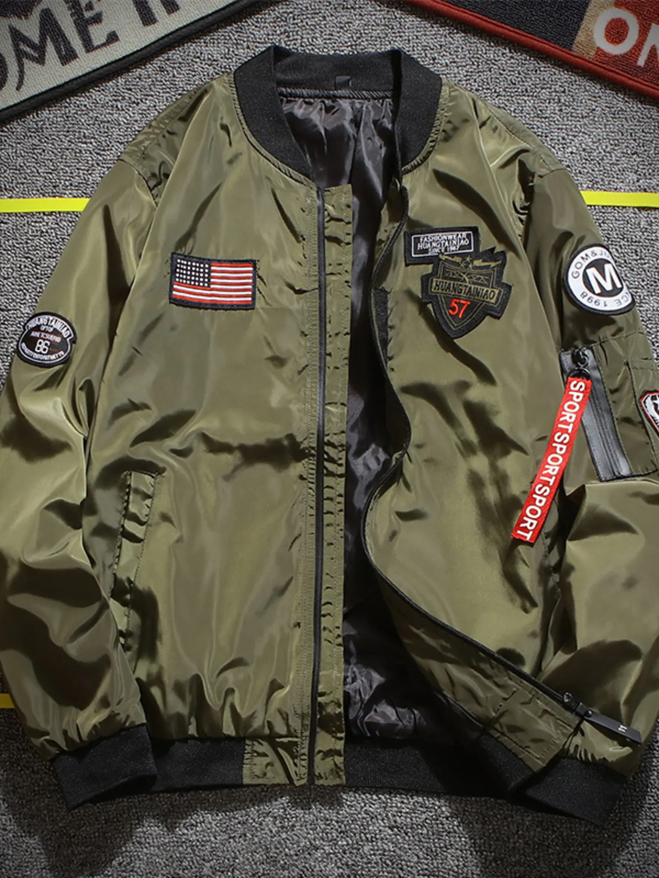 Men's Plus Size Military-Inspired Patched Bomber Jacket
